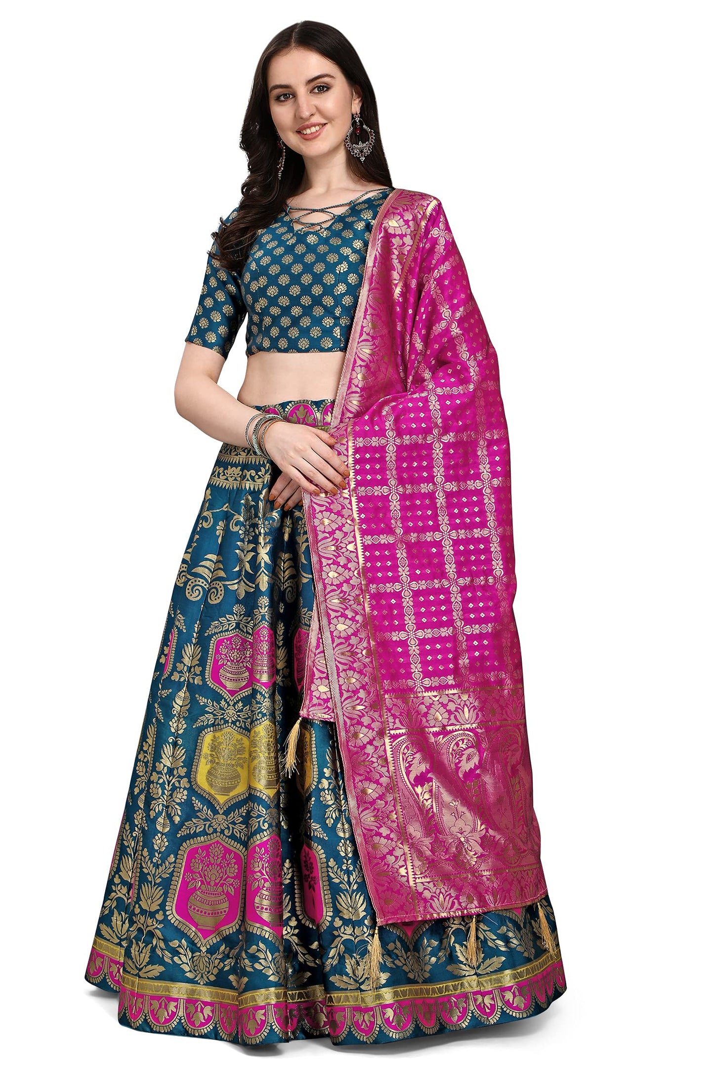 PURVAJA Women's Jacquard Semi-Stitched Lehenga choli