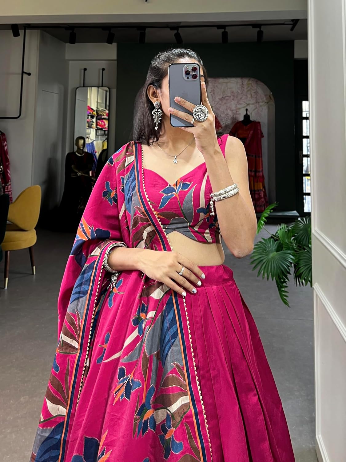 HETRANG Women's Tussar Silk With Patola Print And Foil Work Stitched Lehenga Choli (Pink),Free Size