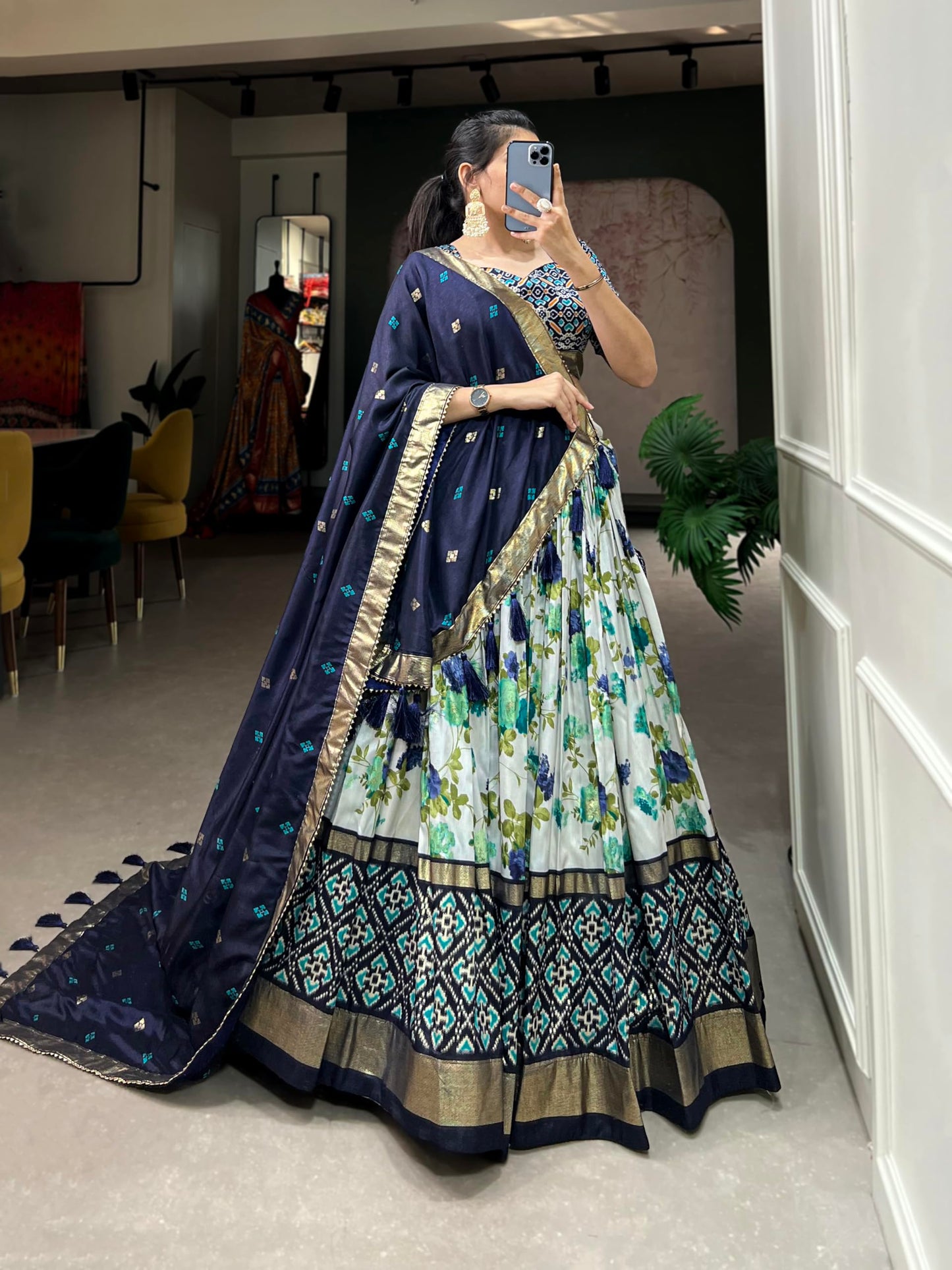 74 COLOR HALFSLIVE Women's Trending Designeer Tussar Silk Lehenga Choli Print with Foil Work With Unstitched Blouse Patola Print Adorned with Foil Work For Navrati || Wedding