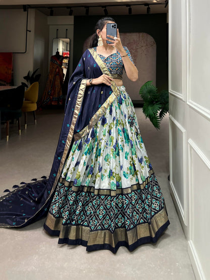 74 COLOR HALFSLIVE Women's Trending Designeer Tussar Silk Lehenga Choli Print with Foil Work With Unstitched Blouse Patola Print Adorned with Foil Work For Navrati || Wedding