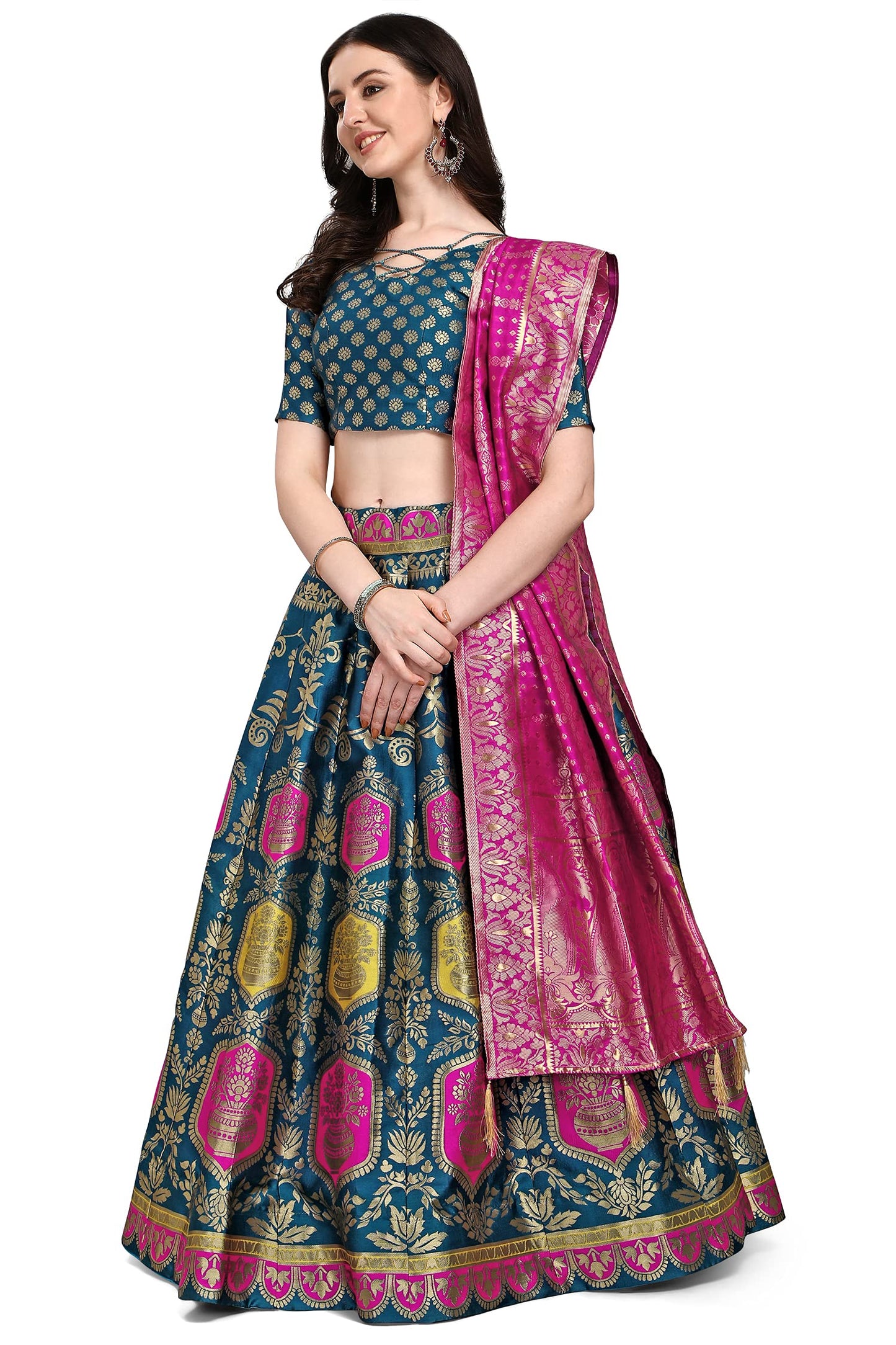 PURVAJA Women's Jacquard Semi-Stitched Lehenga choli