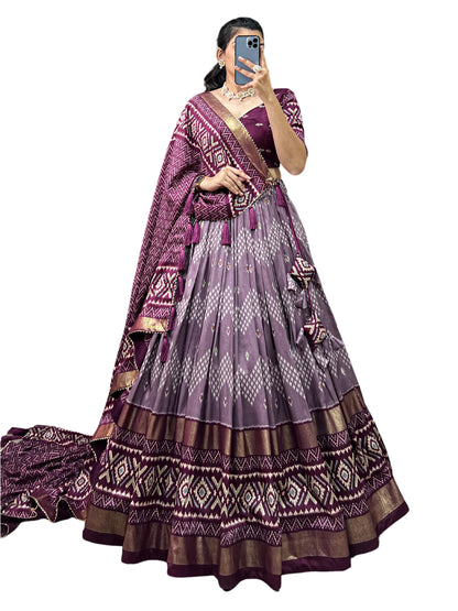 74 COLOR HALFSLIVE Women's Trending Designeer Tussar Silk Lehenga Choli Print with Foil Work With Unstitched Blouse Patola Print Adorned with Foil Work For Navrati || Wedding