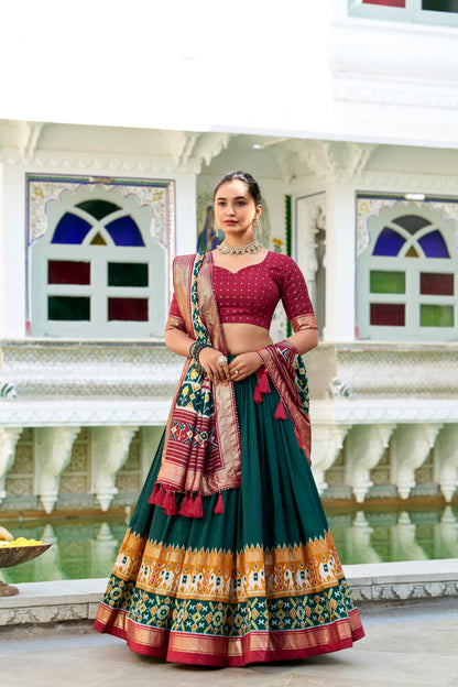 74 COLOR HALFSLIVE Women's Trending Designeer Tussar Silk Lehenga Choli Print with Foil Work With Unstitched Blouse Patola Print Adorned with Foil Work For Navrati || Wedding