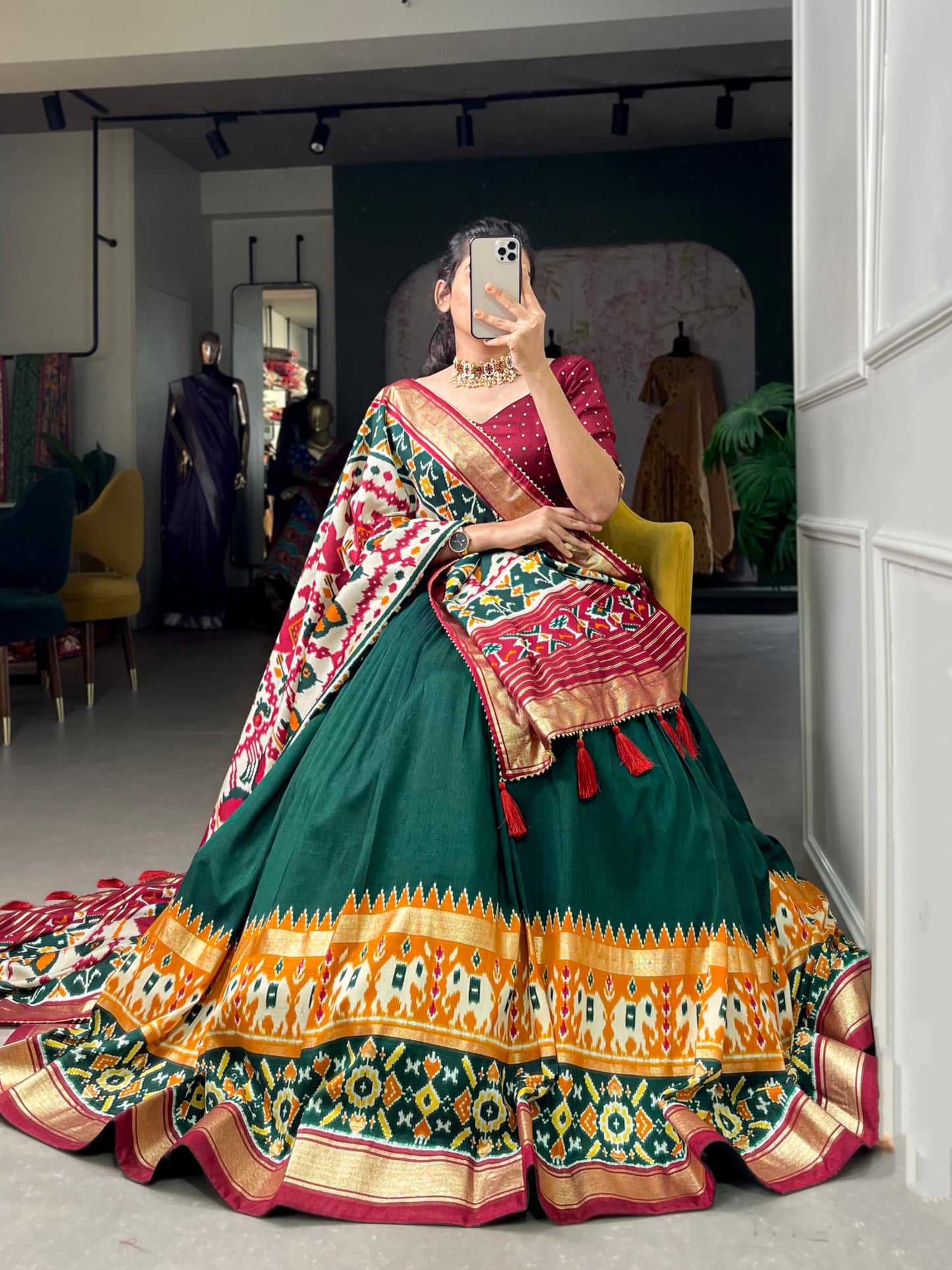 74 COLOR HALFSLIVE Women's Trending Designeer Tussar Silk Lehenga Choli Print with Foil Work With Unstitched Blouse Patola Print Adorned with Foil Work For Navrati || Wedding