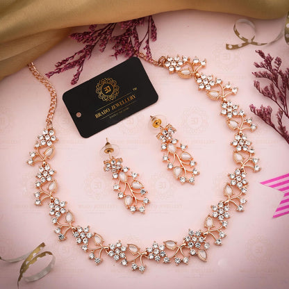Womens Rose Gold-Plated Artificial Stone Studded Necklace Jewellery Set With 1 Pair Of Earring(AB_BJ Special-RG-White)