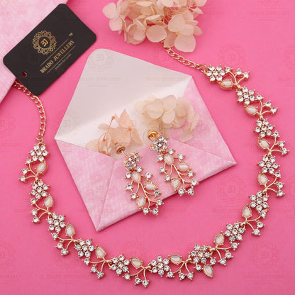 Womens Rose Gold-Plated Artificial Stone Studded Necklace Jewellery Set With 1 Pair Of Earring(AB_BJ Special-RG-White)