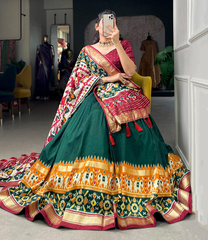 74 COLOR HALFSLIVE Women's Trending Designeer Tussar Silk Lehenga Choli Print with Foil Work With Unstitched Blouse Patola Print Adorned with Foil Work For Navrati || Wedding