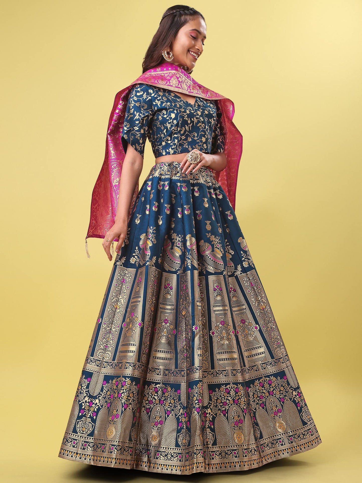 PURVAJA Women's Jacquard Semi-Stitched Lehenga choli(Kumbh)