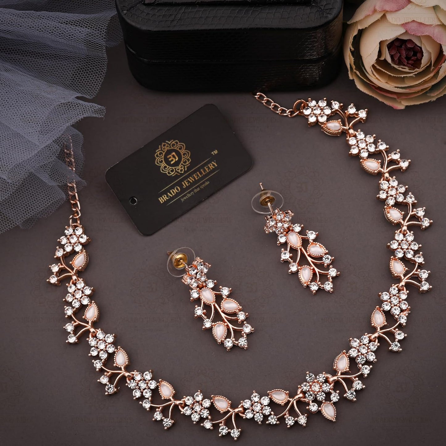 Womens Rose Gold-Plated Artificial Stone Studded Necklace Jewellery Set With 1 Pair Of Earring(AB_BJ Special-RG-White)